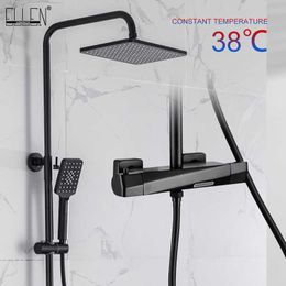 Bathroom Shower Sets ELLEN Thermostatic Bath Shower Set Black Wall Waterfall Rainshower Faucets Hot Cold Mixer Shower Faucet with Hand Shower EL9403 G230525