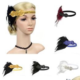 Headbands Fashion Vintage Haeadbands For Women With Rhinestones 1920S Stylish Sequins Flapper Feather Headpiece Elastic Headband Hea Dhiei