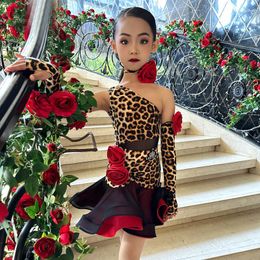 Stage Wear 2023 Latin Performance Dancing Dress One Shoulder Leopard Dance Girls Professional Salsa SL8413