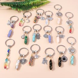 Natural Hexagonal Column Stone Keychain Women Men Quartz Opal Crystal Key Chain Eye Fatima Hand Sun Moon Jewellery Party Gifts