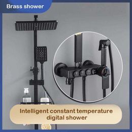 Bathroom Shower Sets Ships RUBathroom all-copper household simple black constant temperature hot and cold shower rain booster nozzle shower set G230525