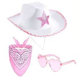 Wide Brim Hats Bucket Flat Caps Brimmed Hat Western Sequin Cowgirl Magician Adult Girl Cosplay Costume Kerchief Night Club Headwear 230525