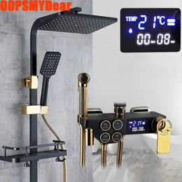 Bathroom Shower Sets Black Gold Shower Set Bathroom Mixer Digital Rainfall Bath Faucet Wall Mounted Tap Brass Thermostatic Shower System Square Head G230525