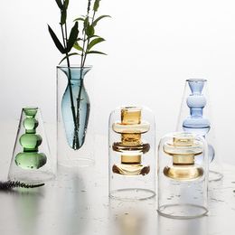 Vases Modern Simple Colour Glass Creative Double Transparent Vase Art Personality Flower Ware Vase Home Decoration Accessories 230525