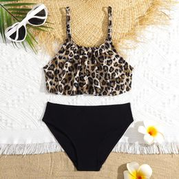 Women's Swimwear Girls Leopard Print Bikini Swimsuit Kids Ruffle Flounce Two Piece Children's 5-14 Years Teenager Bathing Suit Beachwear