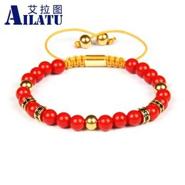 Bangle Ailatu Brand Men Bracelet Black Cz Spacer Beads Macrame Couples Bracelets with 6mm Cinnabar Beads Top Quality 10pcs/lot