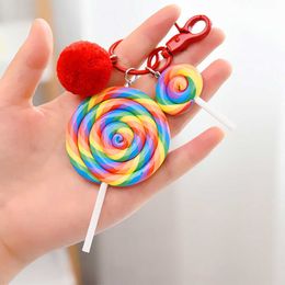 Key Rings New cream resin soft pottery rainbow lollipop key chain hair ball pendant practical small gift spot jewelry making supplies G230525