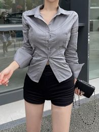 Women's T Shirts 2023 Sexy Office Lady Shirt V-neck Elegant Long-sleeve Lapel Slim Blouse Fashion Korean Women Tops C937