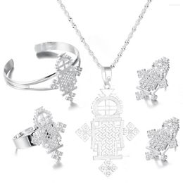 Necklace Earrings Set Ethiopia 4pcs Silver Plated Cross Pendant Necklaces For Women Girls Wedding Ethiopian Africa