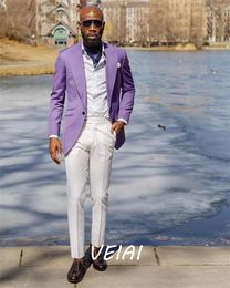 Men's Suits Summer Men For Prom Peaked Lapel Blazer Jacket Tuxedos Wedding Suit Costume Homme 2 Pieces Light Purple Coat White Pant
