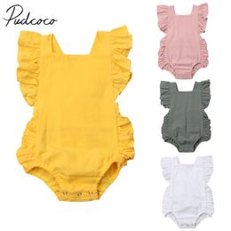 Rompers Brand born Toddler Kids Baby Girls Romper Ruffles Short Sleeve Solid Backless Belt Jumpsuits Cotton Playsuit 230525