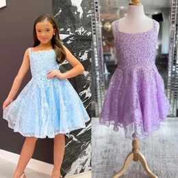 Glitter Lace Girl Pageant Dress 2023 Knee-Length Ball Gown Sequins Little Kid Birthday Formal Party Gowns Infant Toddler Teens Tiny Young Junior Miss Sky-Blue Lilac