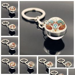 Keychains Lanyards 12 Constellation Time Stone Retro Keychain Doublesided Glass Ball Charm Metal Keyring Creative Men Women Jewelr Dhfnz