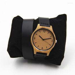 Wristwatches Natural Retro Bamboo Wooden Watch For Women's Gift With Long Genuine Leather Straps Round Janpen Quartz Movement