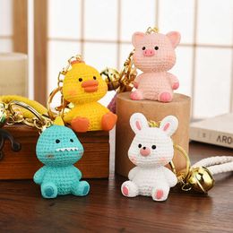 Keychains 2022 Cartoon wool powder blusher yellow duck dinosaur face pink pig white rabbit animal small doll bag key chain pendant G230525