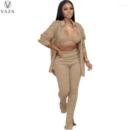 Women's Two Piece Pants VAZN 2023 INS Young Solid Sweet Casual Office Lady Shirt Set Full Sleeve 1 Bikini Top Long Pencil 3 Sets