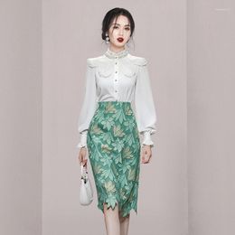 Work Dresses Women's Autumn High-end Temperament Stand Collar Bubble Sleeve Lace Beaded Top Shirt Fashion Skirt Two Sets