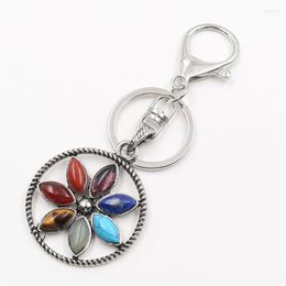 Keychains FYJS Unique Silver Plated Circle Lobster Clasp Colorful Small Stone Flower Of Life Key Chain Inspiration Chakra Jewelry