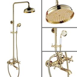 Bathroom Shower Sets Gold Colour Brass Two Cross Handles Wall Mounted Bathroom Rain Shower Head Bath Tub Faucet Set Telephone Shape Hand Spray mgf391 G230525