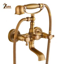 Bathroom Shower Sets ZGRK Bathtub Faucets Brass Bathroom Faucet Mixer Tap Wall Mounted Bath Faucet with Hand Shower Antique Bronze Bath Shower Set G230525