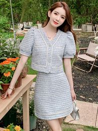 Work Dresses Summer Elegant Tweed Small Fragrant Two Piece Set Women Short Puff Sleeve V Neck Weave Pearls Jacket Coat Top Mini Skirt Suit