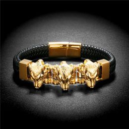 Bangle Punk Style Men Bracelet Black wide Leather 3 Gold Wolf Head Stainless Steel Bracelet Street Trend Fashion Male Bracelets Jewelry
