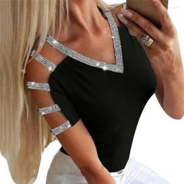 Women's T Shirts Spring Summer Autumn Cute Short Sleeve Shirt Women Solid Strappy Tee Casual Cold Shoulder Tops