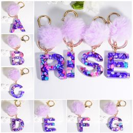 Cute Multicolor 26 Initial Alphabet Keyring With Pompon Fashion A-Z Acrylic Letter Keychain For Women Purse Handbag Charm Gifts