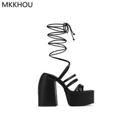 Slippers MKKHOU Fashion Sandals Women Style Square Toe Sexy Strap Ankle Snake Platform Summer Street Modern Shoes