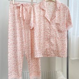 Women's Sleepwear Women's Satin Pink Leopard Print Pajamas Set Short Sleeve Top And Pant Button-Down Loungewear Two Piece Pijama