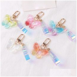Key Rings Fashion Acrylic Gradient Butterfly Keychain Stereoscopic Dream Colourf Keyring With Wrist Strap Women Bag Ornaments Drop D Dh1Xd