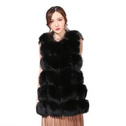 Women's Fur & Faux 70cm Long Real Vest Women Luxury Fuzzy Ladies Fashion Fluffy Furry Waistcoat Thick Winter Black Gilet