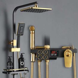 Bathroom Shower Sets Smart Black Gold Shower Set Thermostatic Full Copper Bathroom Button Pressurised Head G230525