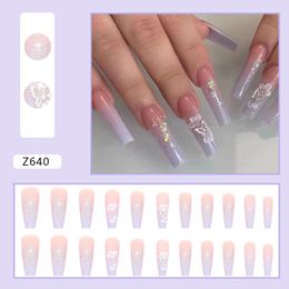 False Nails Sweet Hyperbole Gradient Blue Pink Butterfly Extra Long Ballet Nail Glitter Powder Full Cover Finished Fake Art Glue