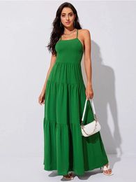 Casual Dresses Green Dress Backless Bandage Splicing Long Women Frock European Style Spaghetti Straps Temperament Party