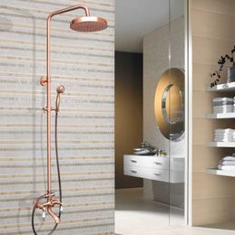 Bathroom Shower Sets Antique Red Copper Brass Dual Ceramic Handles Bathroom 8 Inch Round Rain Shower Faucet Set Tub Mixer Tap Hand Shower mrg542 G230525