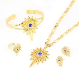 Necklace Earrings Set Gold Color Ethiopian Ruby Bridal Wedding Hollow Plant Pendant Women Choker Stud Ring Bangle