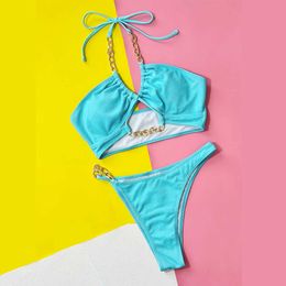 Blue Bikini 2023 Two Piece Women's Cross Chain Hollow High Waist Back Beach Swimwear XMA02H P230525