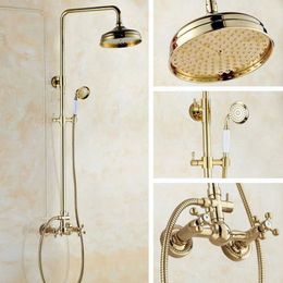 Bathroom Shower Sets Gold Colour Brass Wall Mounted Bathroom 8 Inch Round Rainfall Shower Faucet Set Bath Mixer Tap Hand Shower mgf331 G230525