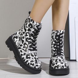 Boots Leopard Print Women Round Toe Women's Casual Shoes Anti-slip Fashion Zip Woman Mid Heel Botas Femininas