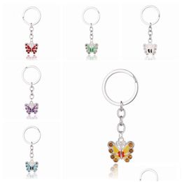 Keychains Lanyards Crystal Butterfly Keychain Rhinestone Keyrings For Keys Car Bag Charm Key Ring Handbag Pendant Couple Chains Gi Dhdcj