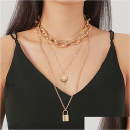 Pendant Necklaces Selling Accessories Punk Lockshaped Long Chain Necklace Fashion Disc Opal Mtilayer Sweater Thick Gold Drop Deliver Dh6Fb