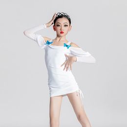 Stage Wear White Long Sleeved Latin Dance Dress Girls Professional Dancing Kids Ballroom Salsa Chacha SL6296