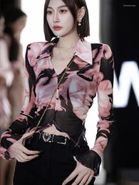 Women's Blouses Sexy V-neck Mesh Gradient Pattern Print Shirt Button Up Shirts Women Long Sleeve Blouse Korean Fashion Clothes Streetwear