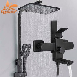 Bathroom Shower Sets Matte Black Bathroom Shower Faucet Set Brass Wall Mount Rainfall Shower 3 Function Cold Hot Water Mixer Bathroom Crane G230525