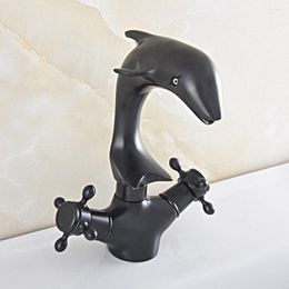 Bathroom Sink Faucets Black Oil Rubbed Bronze Swivel Spout Dual Cross Handles Cute Animal Dolphin Style Kitchen Faucet Mixer Tap Asf846