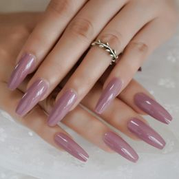 False Nails Dark Purple Pink Press On Extra Long Gel Coffin Ballerina Flat Shape Fingersnails Free Adhesive TapesFalse