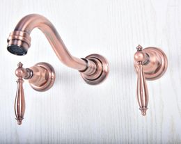 Bathroom Sink Faucets Double Handle Wall Mounted Antique Red Copper Faucet & Cold Water Taps Basin Mixer Tap Tsf502