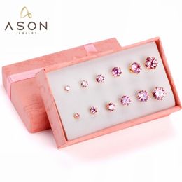 ASONSTEEL 6pairs/Box Round Pink Cubic Zirconia Stud Earrings Sets Gold Colour Surgical Stainless Steel For Women Fashion Jewellery