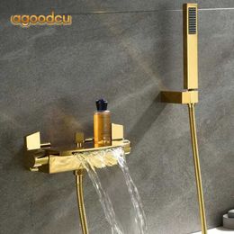 Bathroom Shower Sets Luxury Gold Bathroom Bathtub Faucets Wall Mounted Waterfall Cold And Hot Mixer Tap Bath Shower Set Handshower Black/White/Chrome G230525